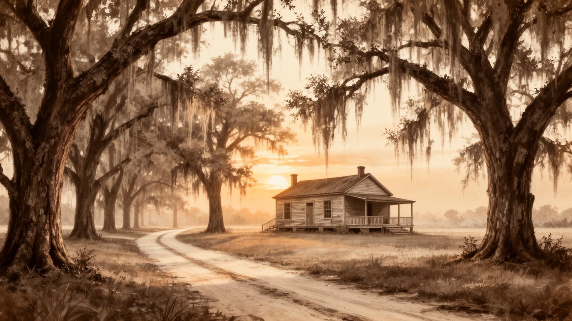 A Lowcountry South Carolina dirt lane at sunrise, lined with live oaks draped in Spanish moss